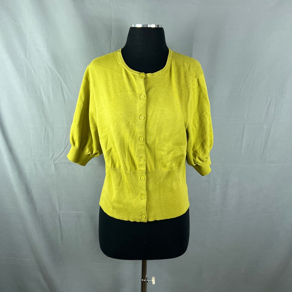 Scoop Cardigan Sweater Women L Lime Yellow Ribbed Knit Button Front Puff Sleeve